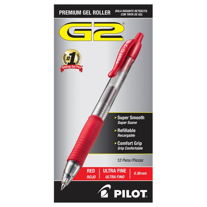 Pilot G2 Premium Retractable Gel Ink Rolling Ball Pens, Ultra Fine Point, Red Ink, Pack of 12