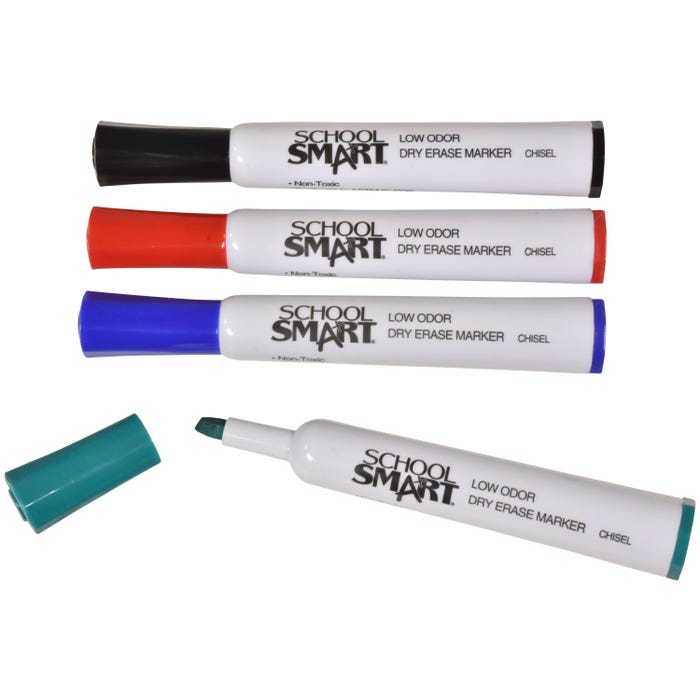 School Smart Dry Erase Markers, Chisel Tip, Low Odor, Assorted Colors, Pack of 4