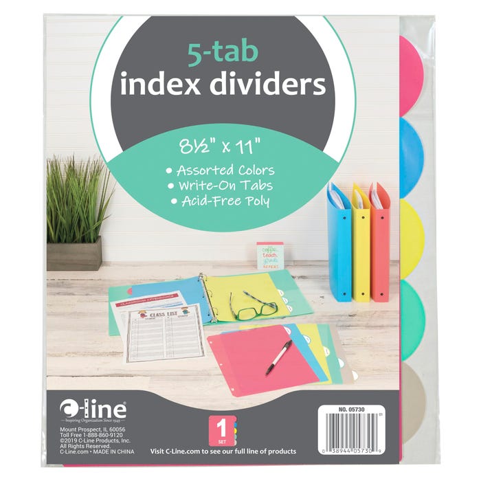 C-Line Poly Binder Index Dividers, Assorted Colors, 5-Tab Set