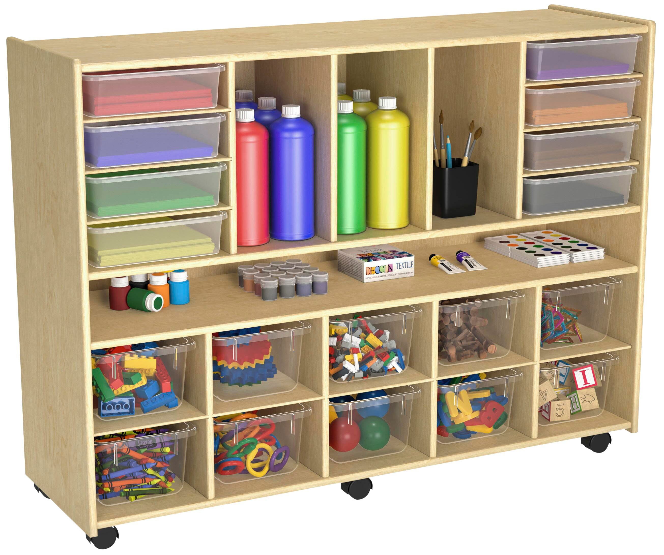Childcraft Multi-Compartment Storage Cubby Unit, Locking Casters, 10 Clear Trays, 8 Flat Trays, 47-3/4 x 14-1/4 x 36 Inches 2128472