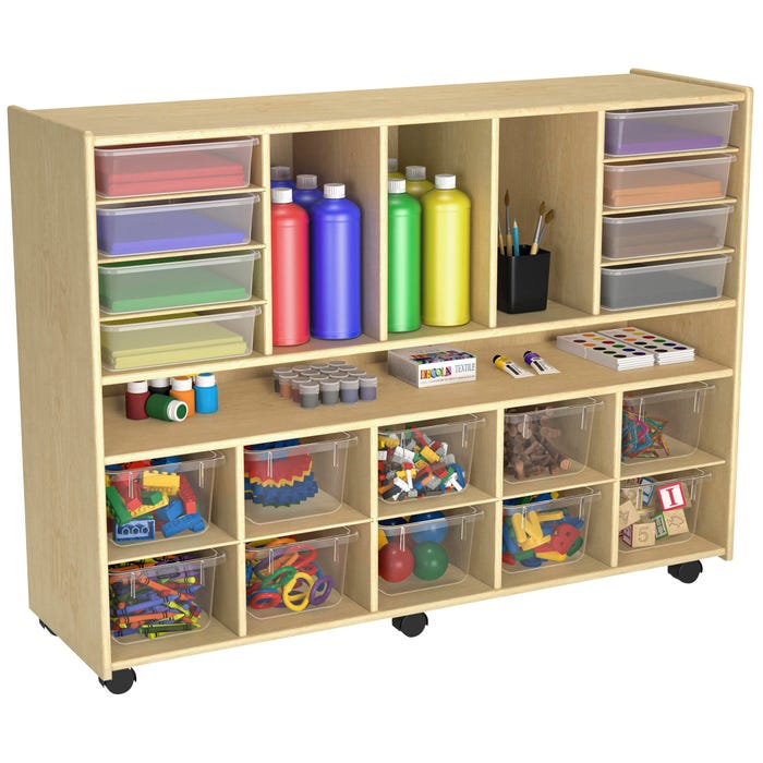 Childcraft Mobile Multicompartment Storage Unit with Locking Casters, 10 Clear Trays, 8 Flat Trays, 47-3/4 x 14-1/4 x 36 Inches