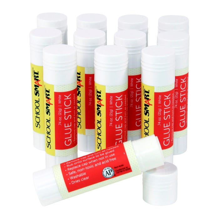 School Smart Glue Sticks, 0.74 Ounces, White and Dries Clear, Pack of 12