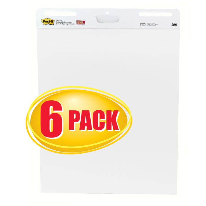 Post-It Self-Stick Easel Pads, 25 x 30 Inches, Unruled, White, 30 Sheets, Pack of 6
