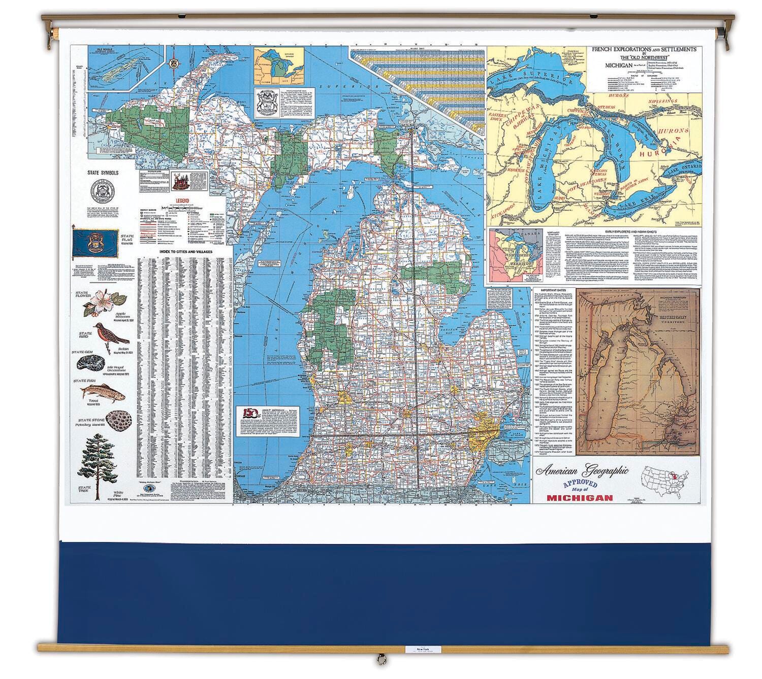 Nystrom Michigan Pull Down Roller Classroom Map, 64 x 50 Inches, Item Number 088630
