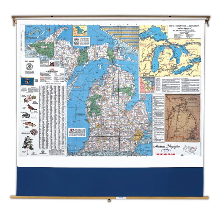 Nystrom Michigan Pull Down Roller Classroom Map, 64 x 50 Inches