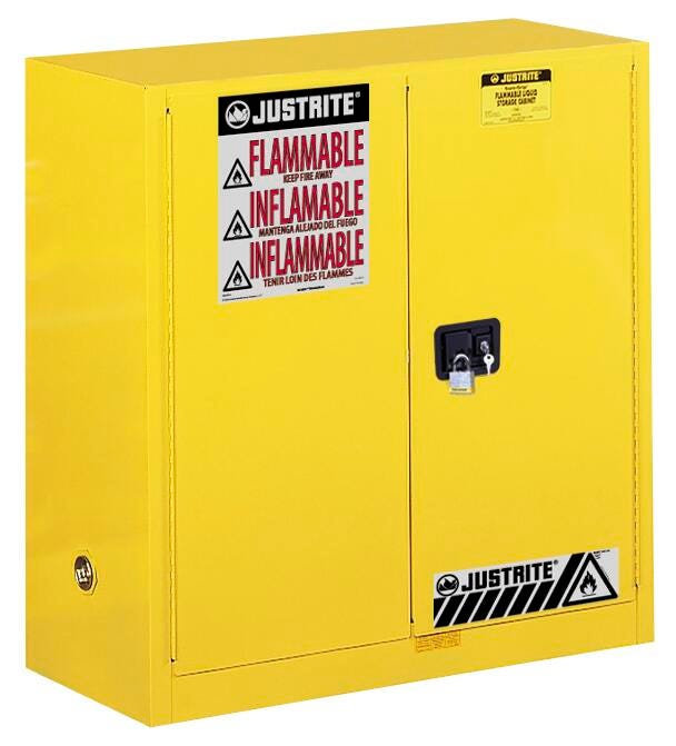 Justrite Sure-Grip EX Free Standing Flammable Storage Cabinet, 43 x 18 x 65 Inches, 30 Gallon, Yellow 601012