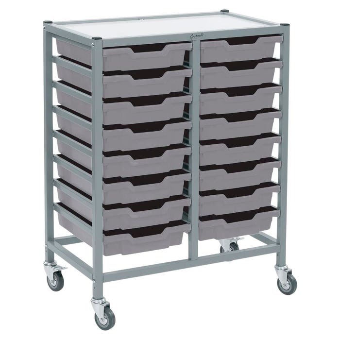 Gratnells Dynamis Double Cart, 16 Shallow F1 Trays, 28 x 16-3/5 x 33-1/2 Inches