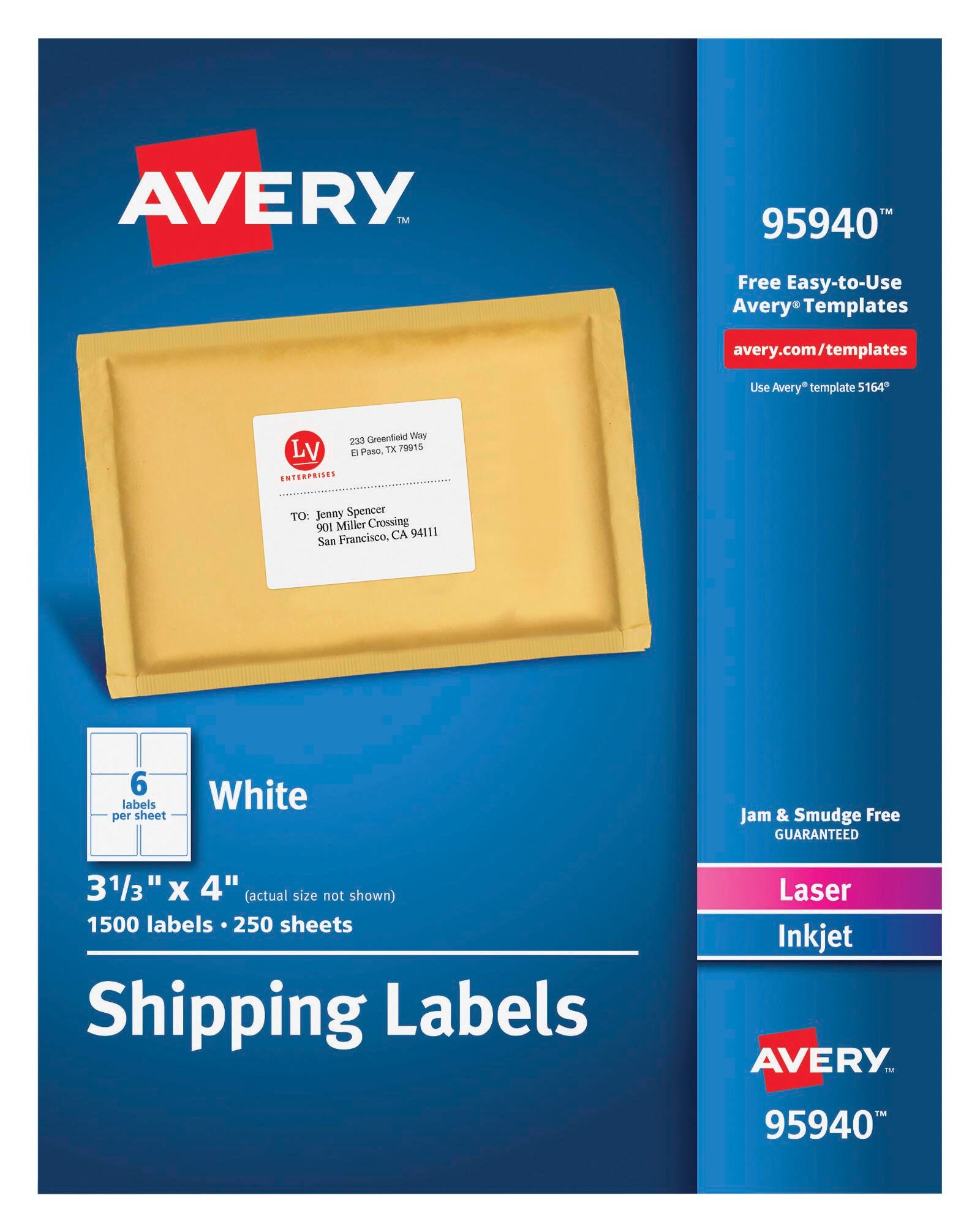 Avery Bulk Shipping Labels, 3-1/3 x 4 Inches, White, Pack of 1500, Item Number 1597363