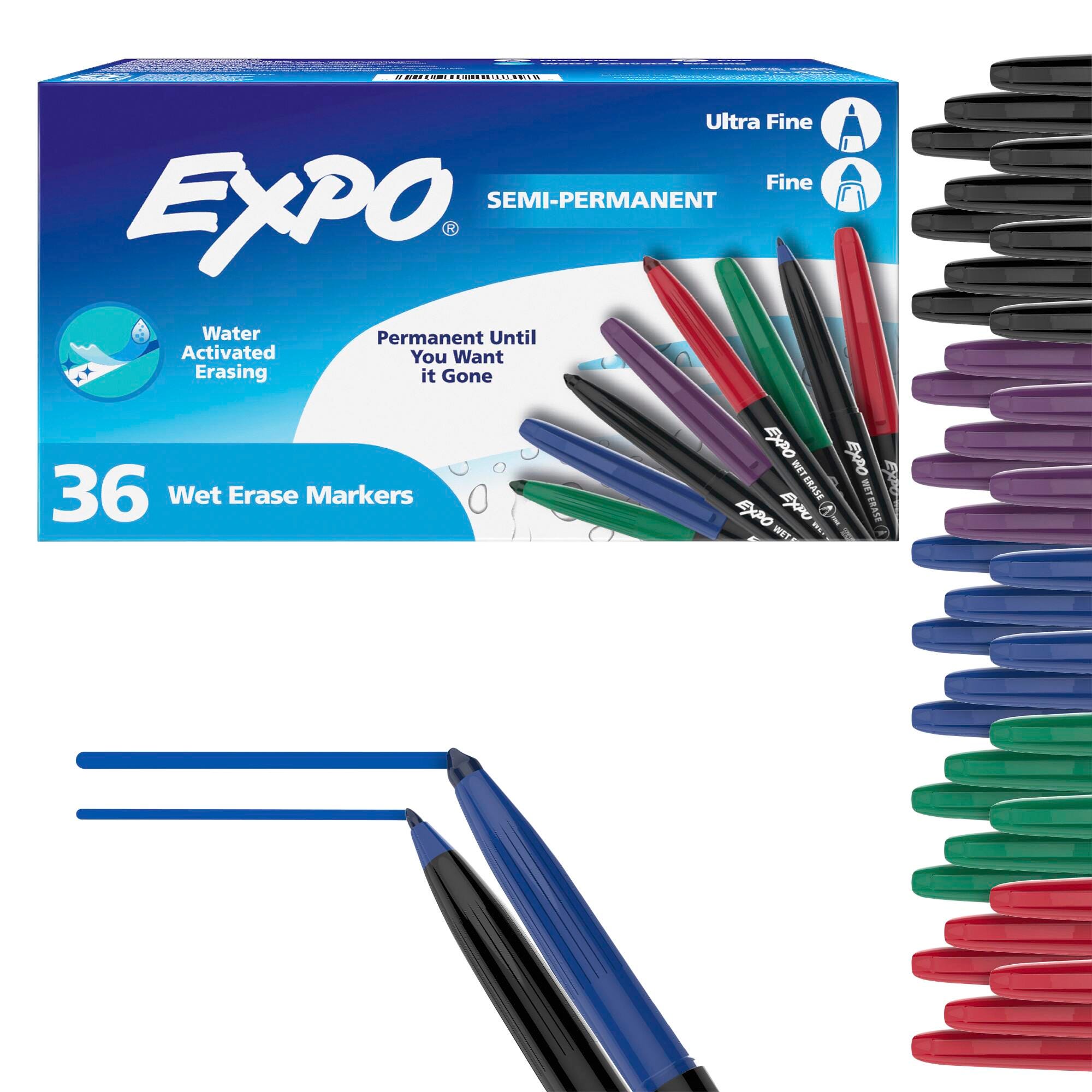 EXPO Wet Erase Semi-Permanent Markers, Fine & Ultra Fine Points, Assorted Colors, Set of 36 2150505