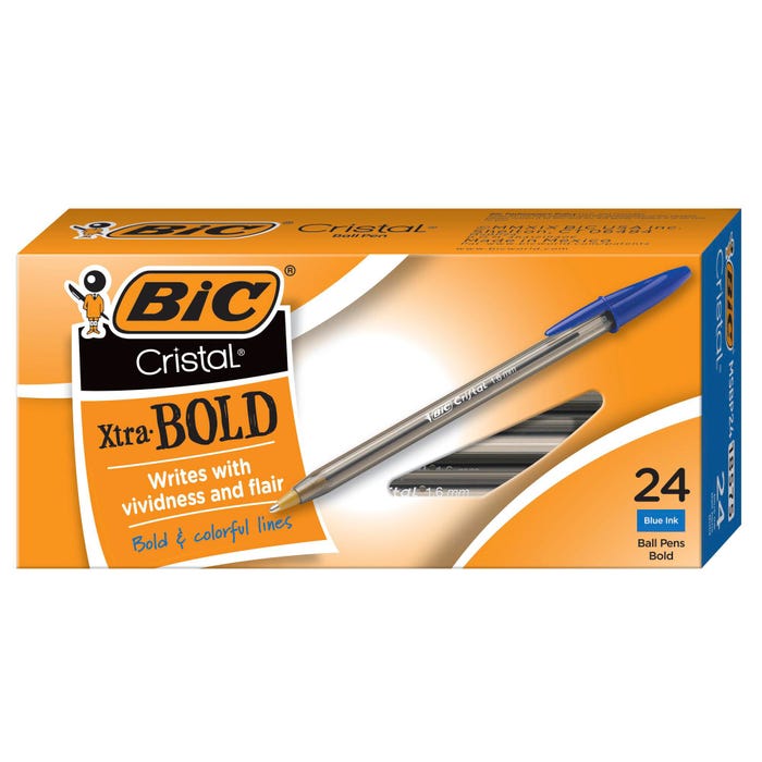 BIC Cristal Xtra Bold Ballpoint Pens, 1.6mm, Bold Point, Blue, Pack of 24