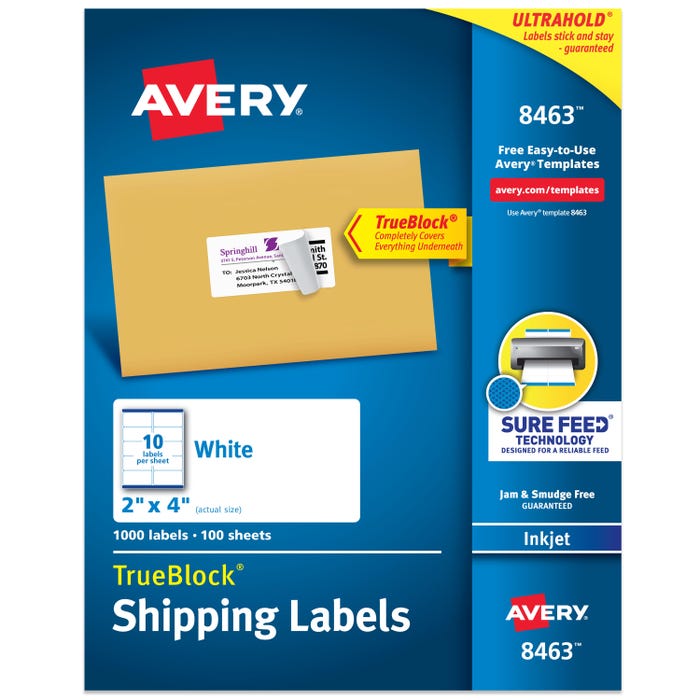 Avery TrueBlock Shipping Labels, Inkjet, 2 x 4 Inches, White, Pack of 1000