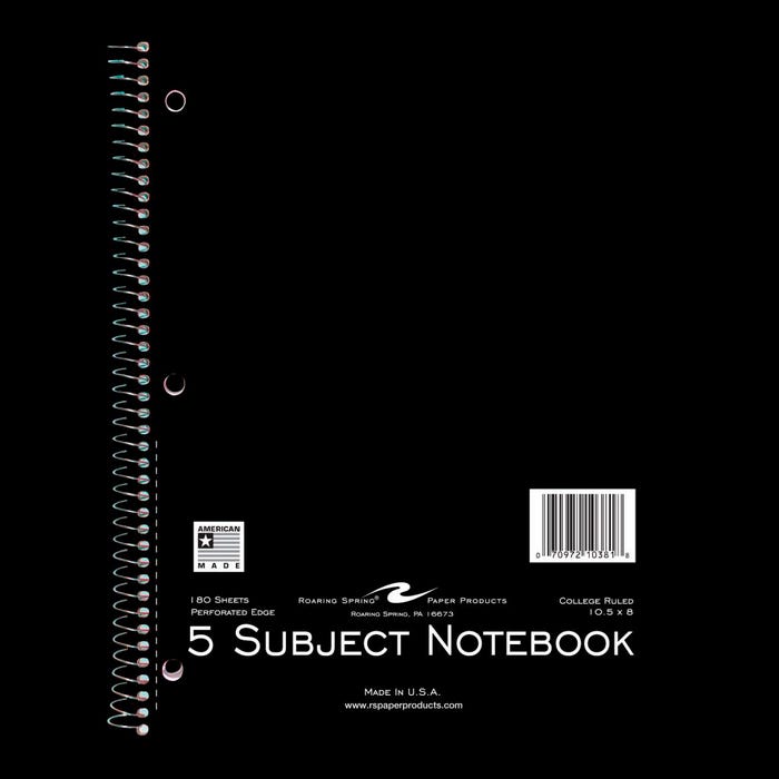 Roaring Spring 5 Subject College Ruled Notebook, 10-1/2 x 8 Inches, 180 Sheets
