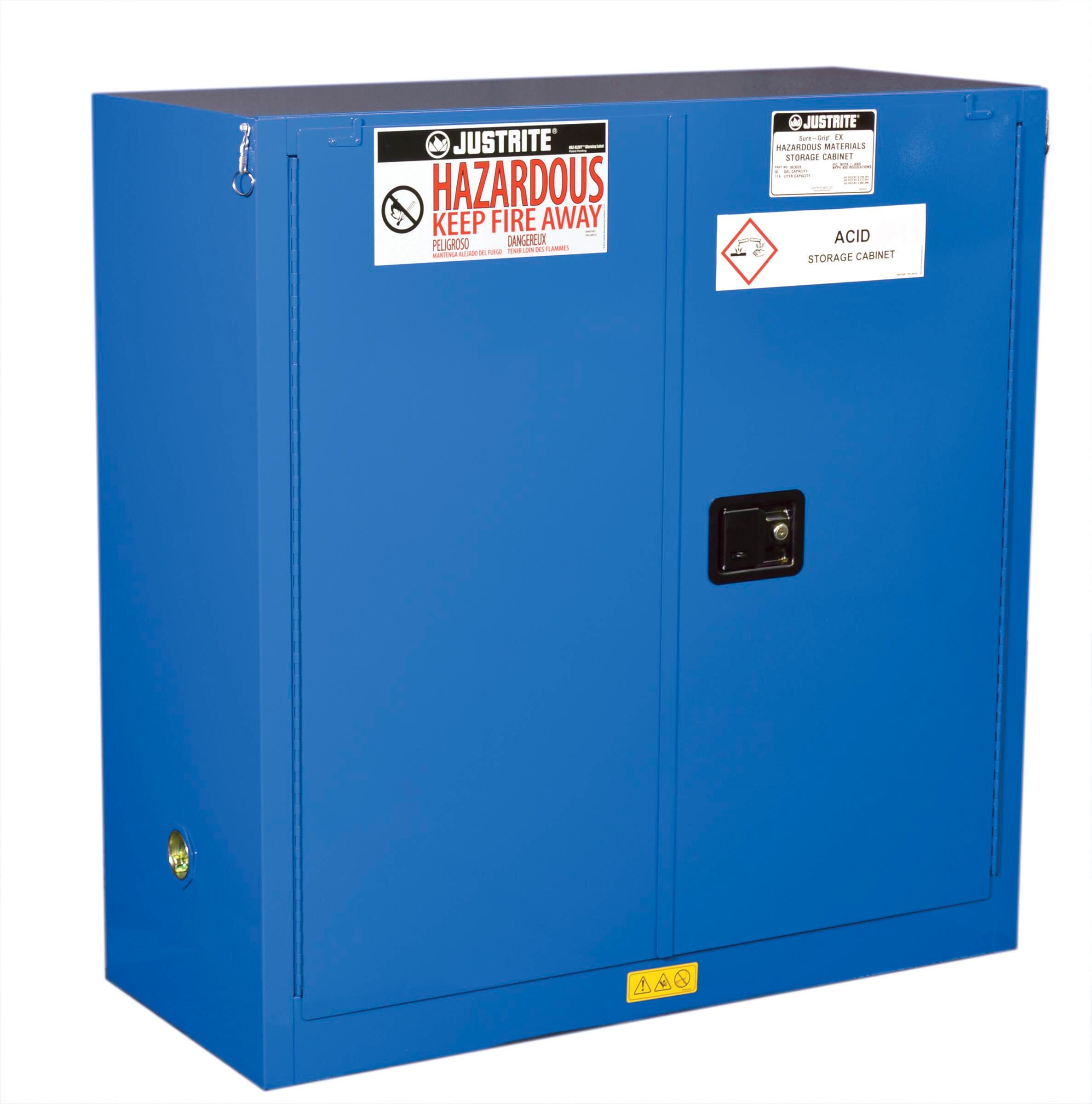 Justrite Sure-Grip EX Hazardous Material 2 Door Safety Cabinet, 30 gal, 18 Gauge CR Steel, Blue 1490151
