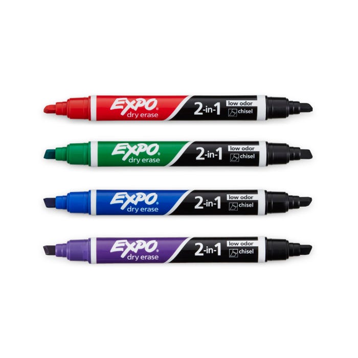 EXPO 2-in-1 Dry Erase Markers, Chisel Tip, Assorted Colors, 4 Piece Set