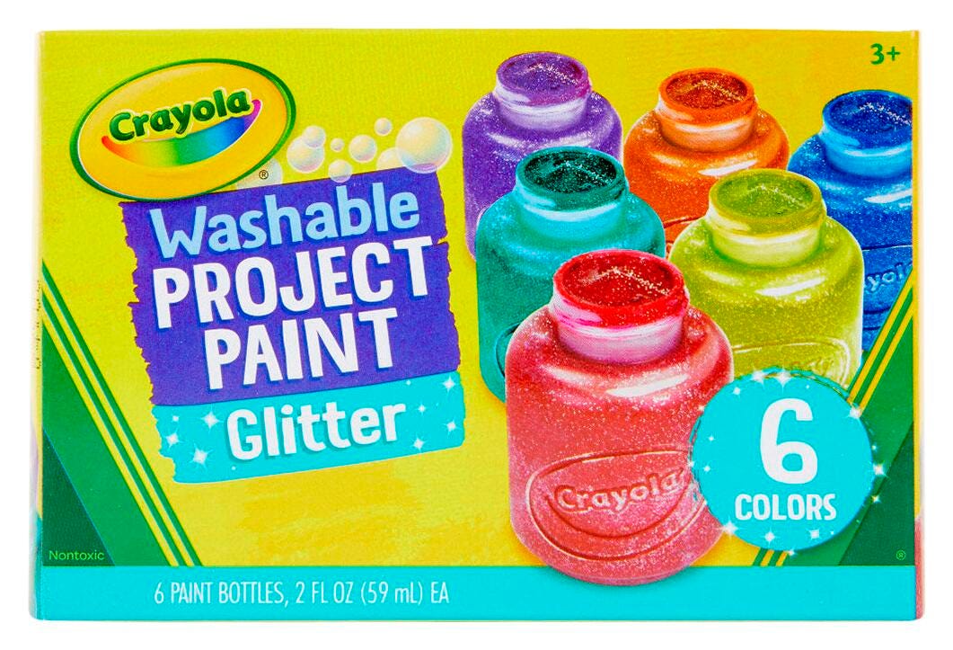 Crayola Washable Project Paint, 2 Ounce Bottles, Assorted Glitter Colors, Set of 6 Item Number 1465258