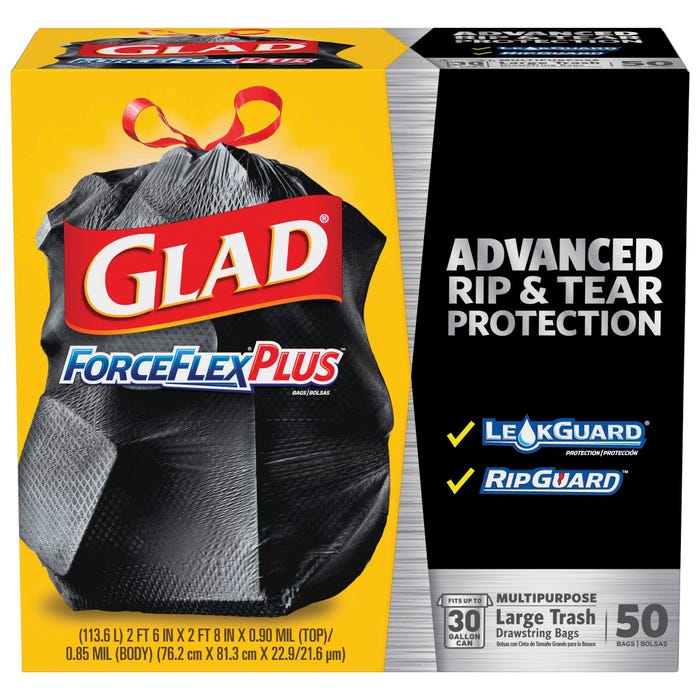 Glad ForceFlexPlus Heavy Duty Drawstring Trash Bags, 30 Gallon, Black, 50 Count, Case of 3