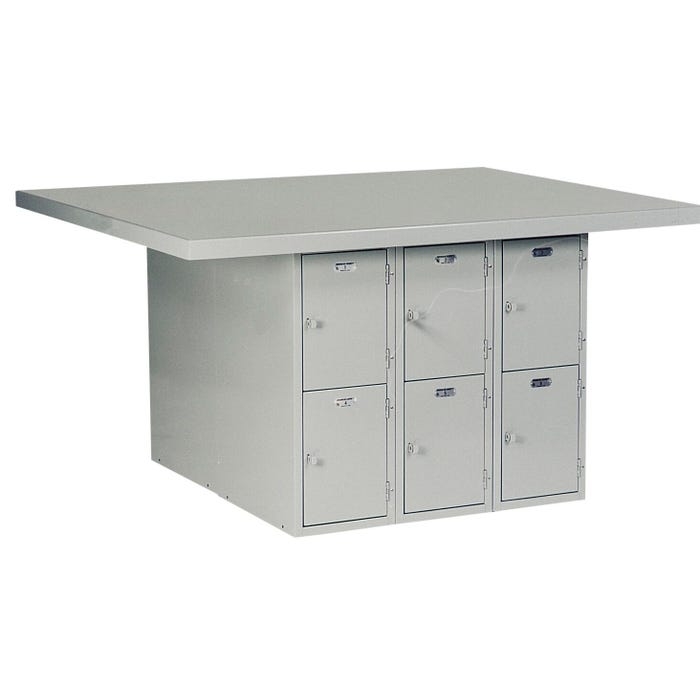 Montisa 4 Station Workbench with 12 Horizontal Lockers, 64 x 54 x 33-1/4 Inches, Steel Top, Gray