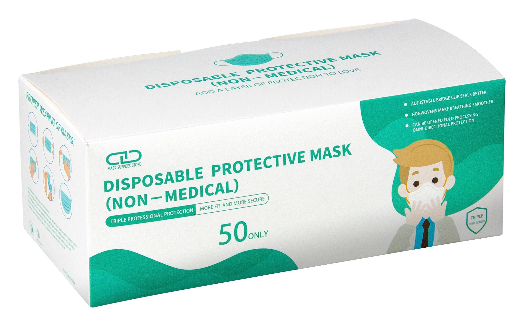 Adult 3-Ply Disposable Face Mask, Pack of 50