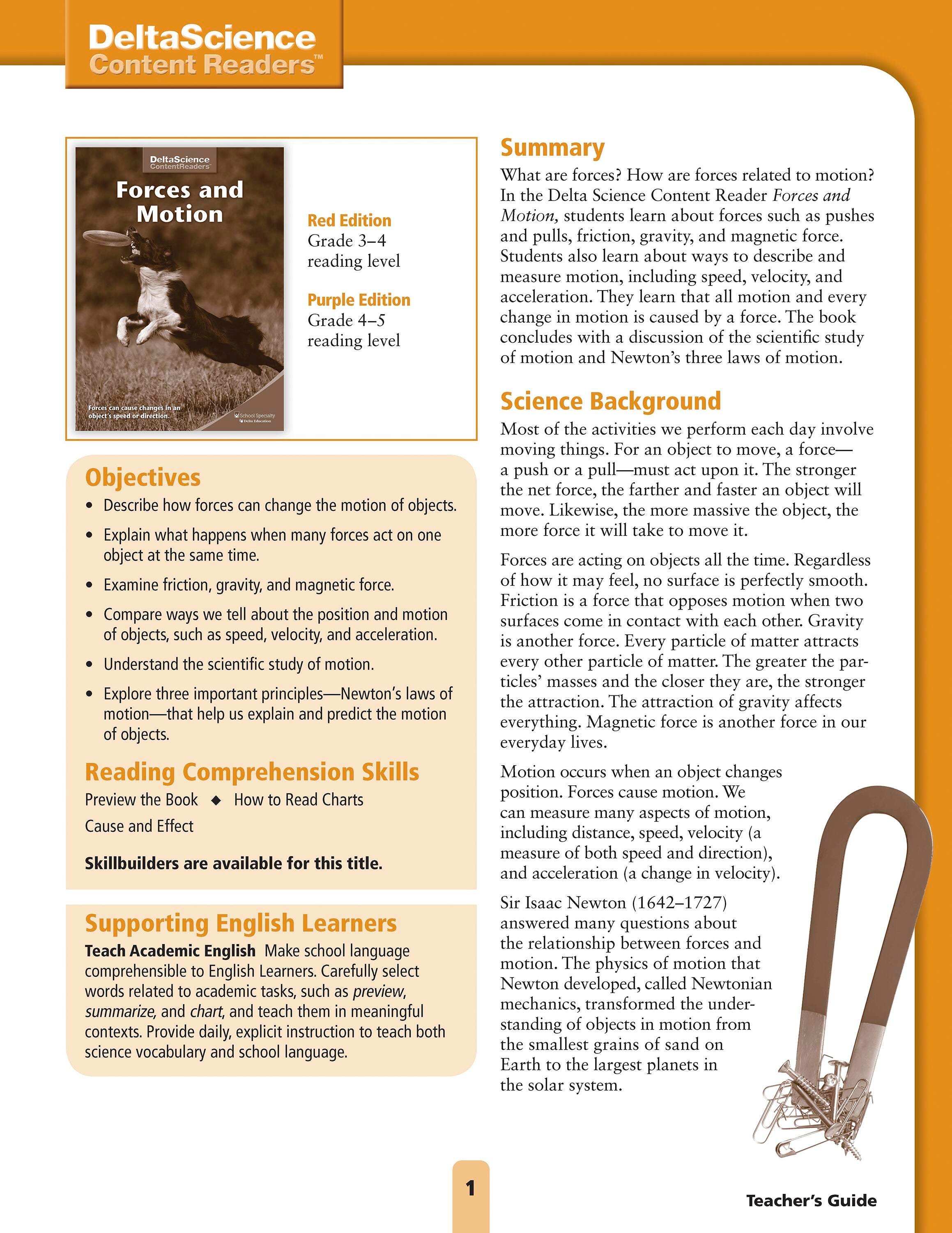Delta Science Content Readers Forces and Motion Red and Purple Teacher's Guide, Item Number 1278145