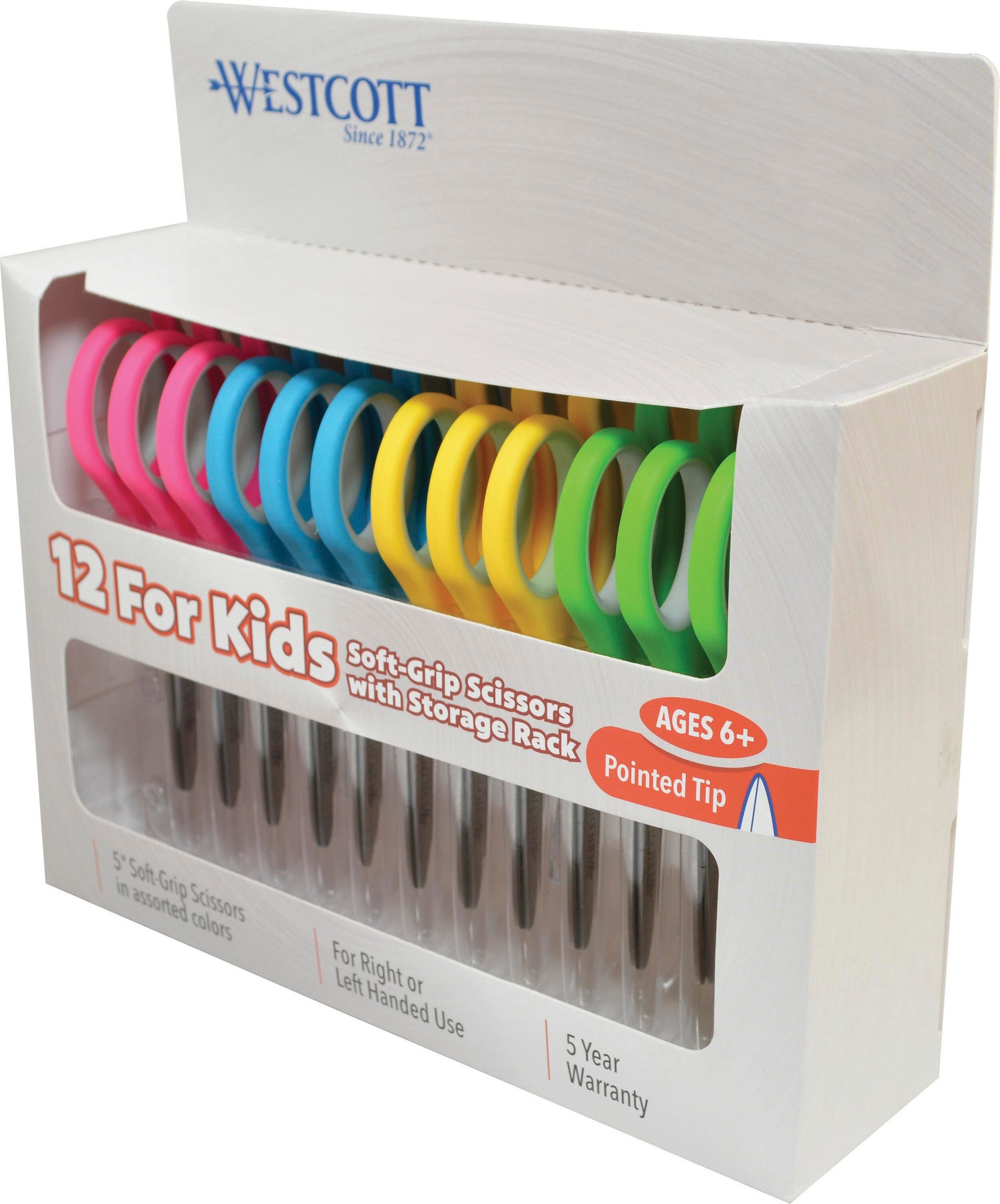 Westcott Soft Grip Pointed Tip Kids Scissors, 5 Inches, Assorted Colors, Pack of 36, Item Number 1594994