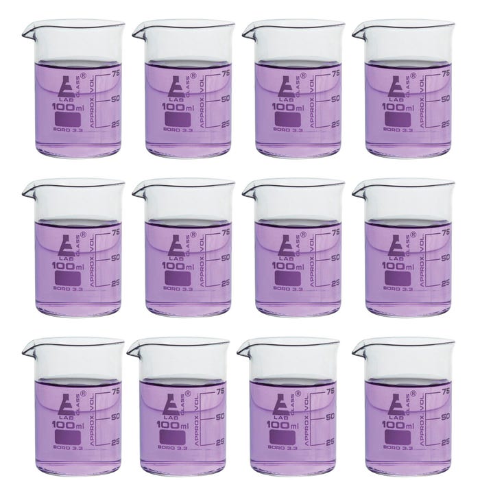Eisco 100mL Borosilicate Glass Beakers with Spout, Low Form, Pack of 12