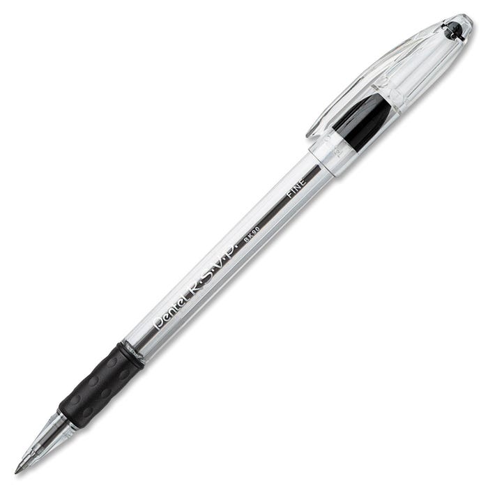 Pentel R.S.V.P. Refillable Ballpoint Pen, 0.7 mm Fine Tip, Black Ink, Clear Barrel, Pack of 12