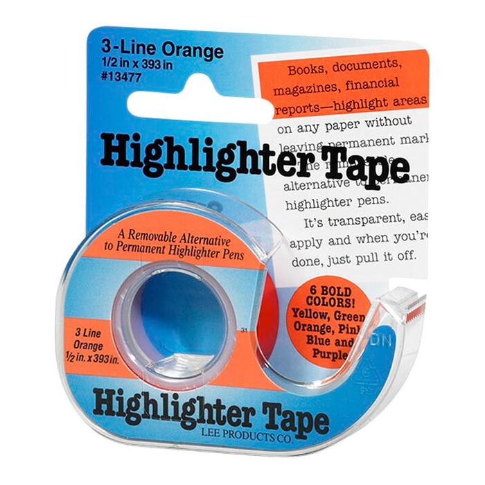 Lee 3-Line Removable Highlighter Tape, 1/2 X 393 Inches with Dispenser, Orange