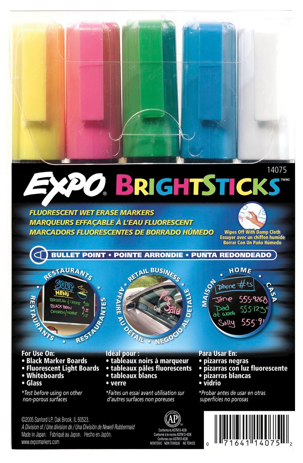 EXPO Bright Sticks Wet Erase Fluorescent Markers, Bullet Tip, Assorted Neon Colors, Set of 5 802424