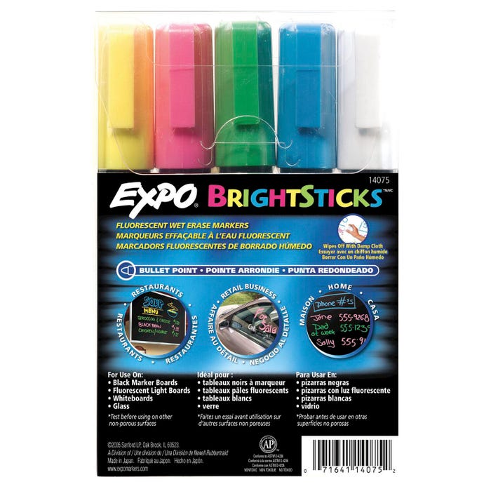 EXPO Bright Sticks Wet Erase Fluorescent Markers, Bullet Tip, Assorted Neon Colors, Set of 5