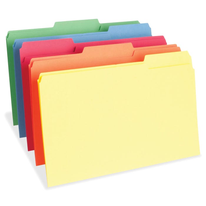 Business Source File Folder, Legal Size, 1/3 Cut Tabs, Assorted Colors, Pack of 100