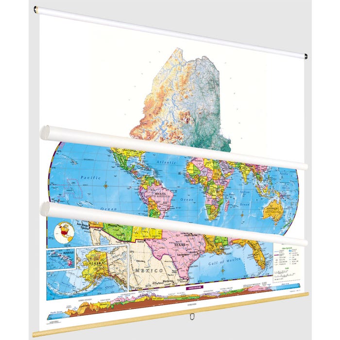 Social Studies MAINE/U.S./WORLD MAP COMBO, Markable, Erasable, Grades 4-12