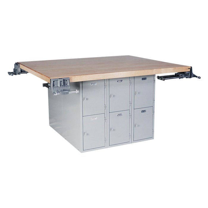 Montisa 4 Station Elementary Workbench with 12 Vertical Lockers and 4 Vises, 64 x 54 x 29-1/4 Inches, Maple Top