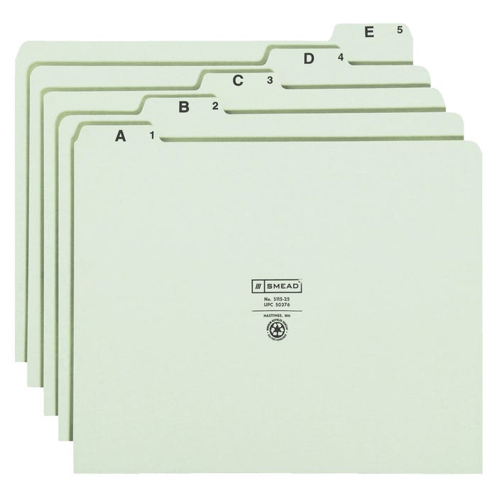 Smead Filing Guides, Letter Size, A-Z, 1/5 Cut Tab, Gray/Green, 1 Set