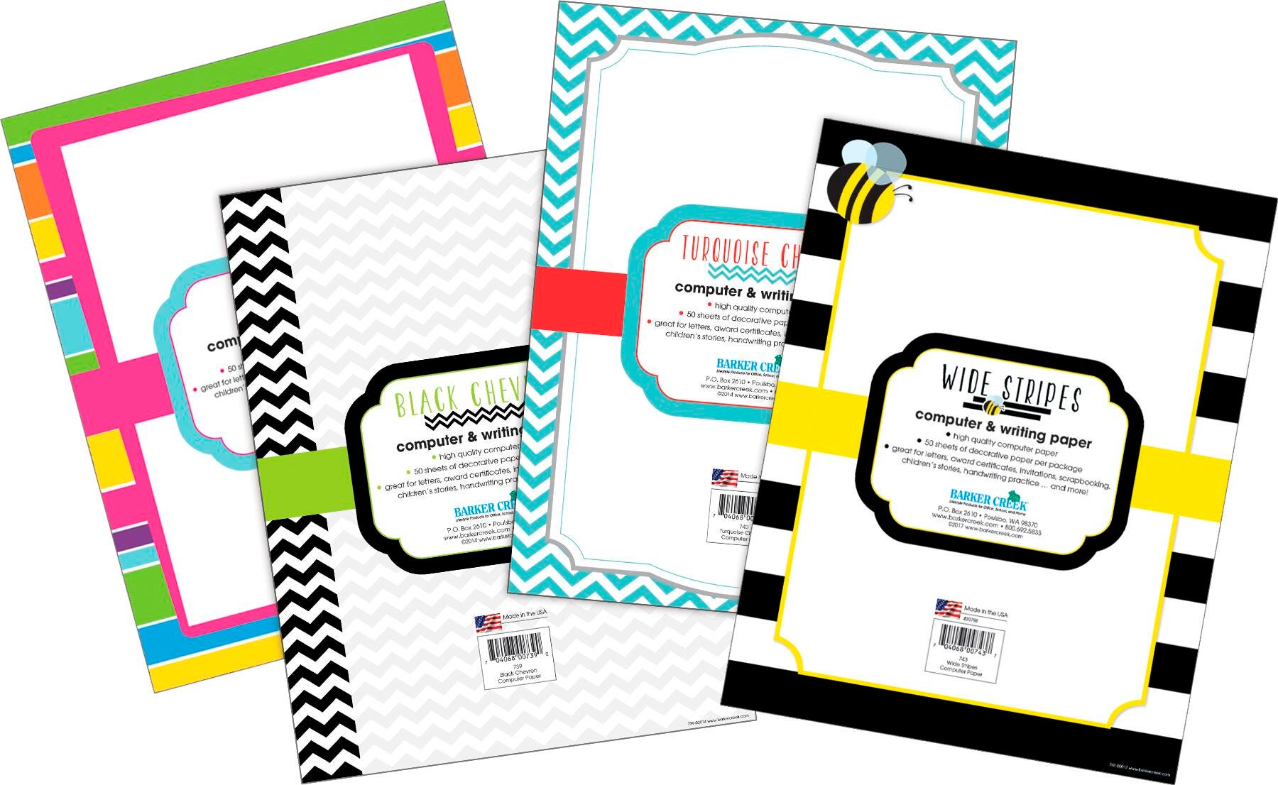 Barker Creek Designer Computer Paper Set, Chevron & Stripes, 4 Designs, 8-1/2 x 11 Inches, 200 Sheets, Item Number 2102200