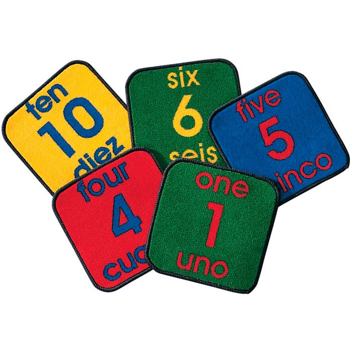 Carpets for Kids KID$Value PLUS Bilingual Number Seating Squares Carpet, 12 x 12 Inches, Square, Set of 10, Multicolored