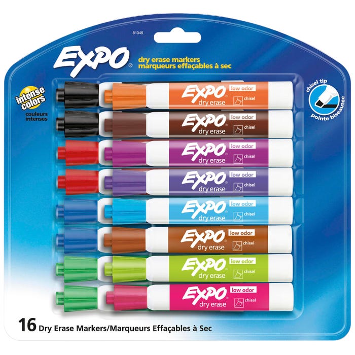 EXPO Low Odor Dry Erase Markers, Chisel Tip, Assorted Colors, Pack of 16
