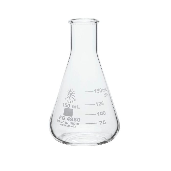 United Scientific Narrow Mouth Erlenmeyer Flasks, Borosilicate Glass, 150 Milliliters, Pack of 6