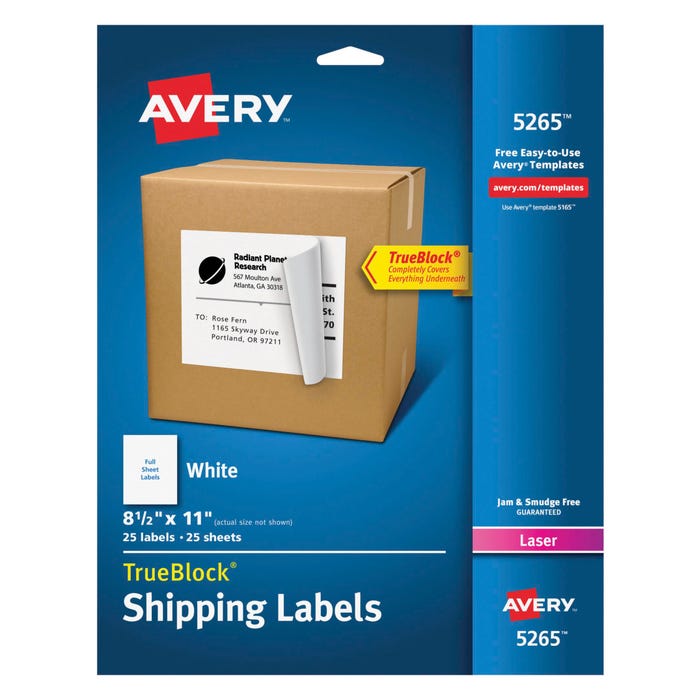 Avery TrueBlock Full Sheet Label, Laser, 8-1/2 x 11 Inches, White, Pack of 25