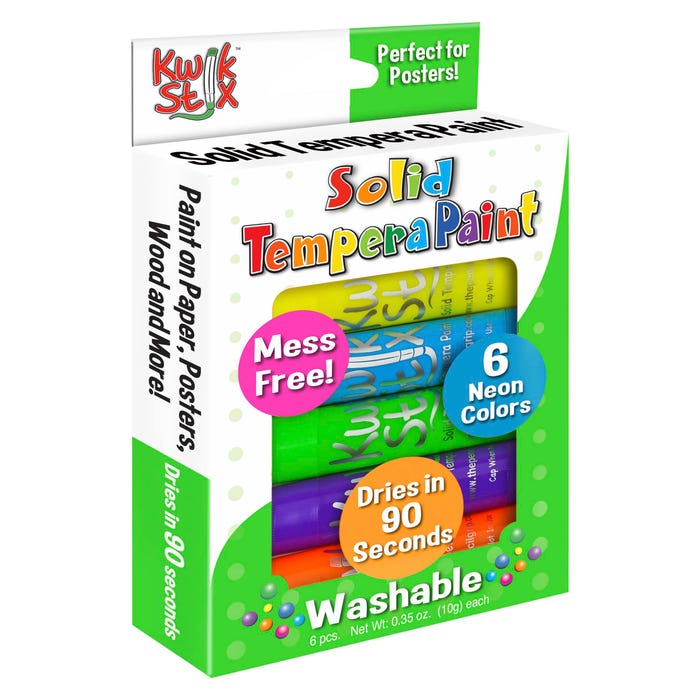 Kwik Stix Solid Tempera Paints, Original Size, Assorted Neon Colors, Set of 6