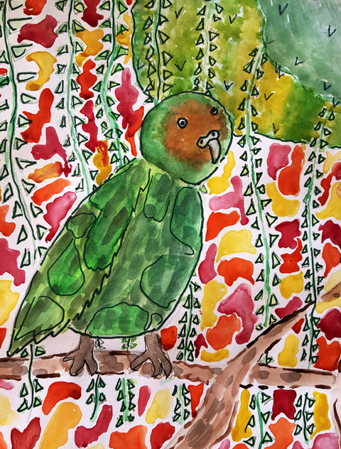 Colorful watercolor painting of an endangered Kakapo bird.
