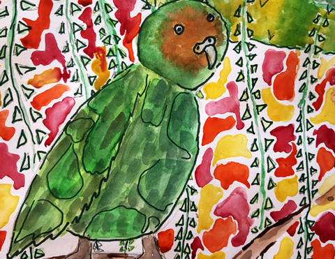 Colorful watercolor painting of an endangered Kakapo bird.