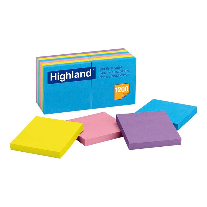 Highland Self-Stick Notes, 3 x 3 Inches, Bright Colors, Pad of 100 Sheets, Pack of 12