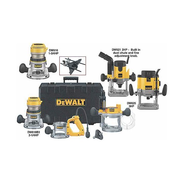 Woodworker's Dewalt DW618B3 3-Base Variable Speed Router Kit, 2-1/2 in Stroke, 2-1/4 HP, Aluminum, Pack of 3