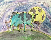 Colorful watercolor painting of a cow with a large moon behind it.