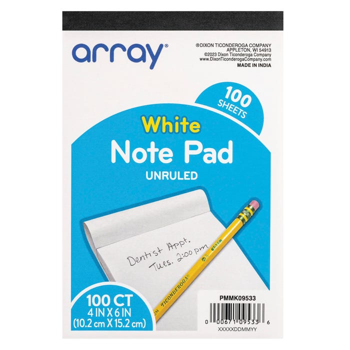 Array Unruled Note Pad, 4 x 6 Inches, White, 75 Sheets