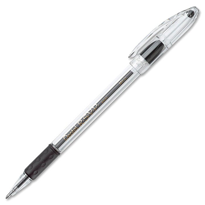 Pentel R.S.V.P. Refillable Ballpoint Pen, 1 mm Medium Tip, Black Ink, Clear Barrel, Pack of 12