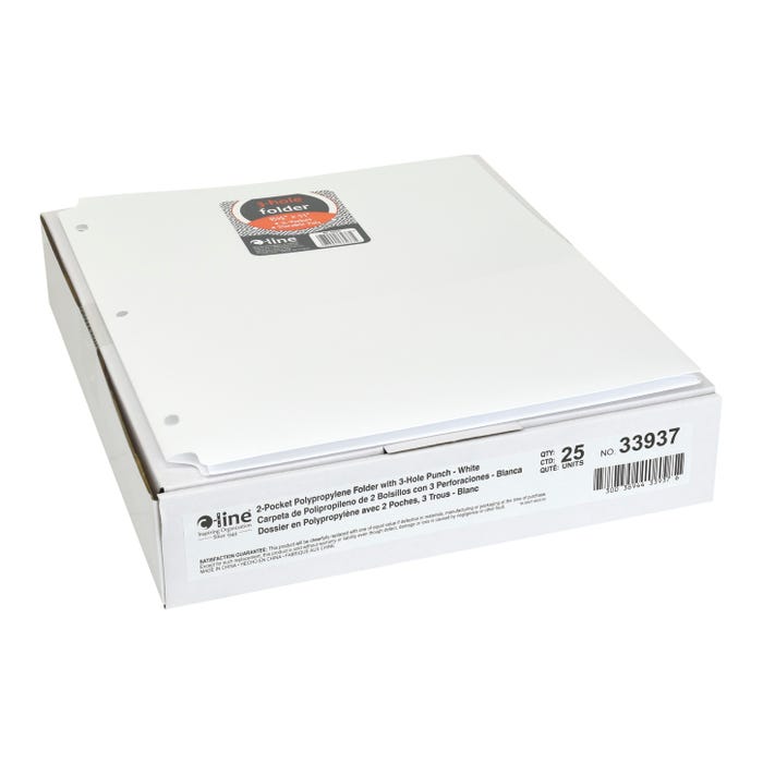 C-Line 2-Pocket Poly Folder, 3 Hole Punched, White, Pack of 25