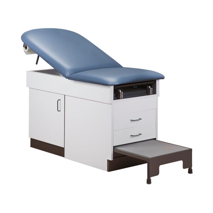 Clinton Laminate Exam Table, Maple with Slate Blue Material, Step Stool Included