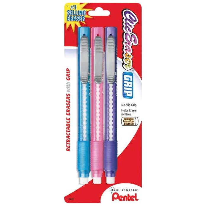 Pentel Clic Non-Abrasive Eraser Grips, Assorted Colors, Pack of 3