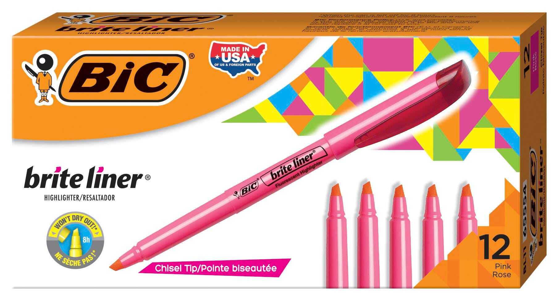 BIC Brite Liner Highlighters, Chisel Tip, Fluorescent Pink, Pack of 12 077280